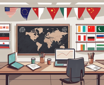 A classroom setting in china with a globe