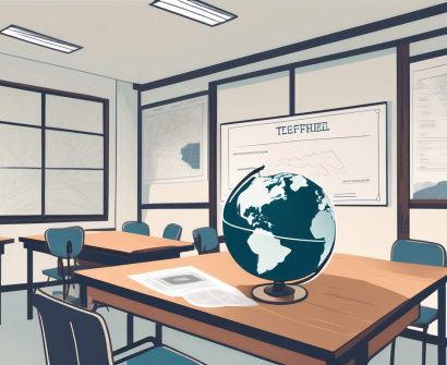 A classroom setting with a globe focusing on south korea