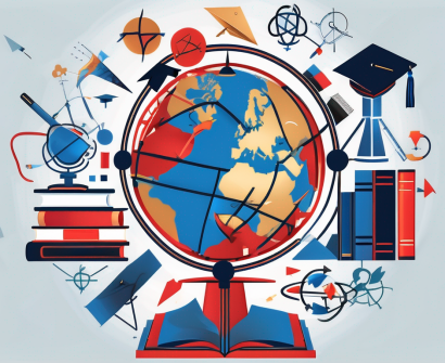A globe surrounded by various educational symbols like books