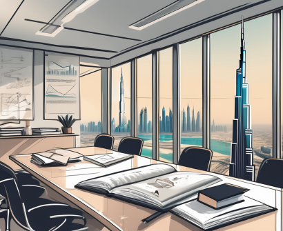 A classroom setting with a view of dubai's iconic skyline in the background