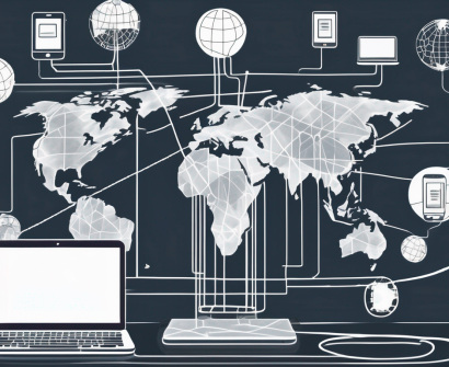 A globe with various digital devices like laptops and tablets connected through visible data streams