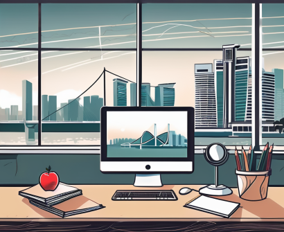 A classroom setting with a teacher's desk