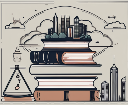 A balanced scale with books on one side and a silhouette of singapore's skyline on the other