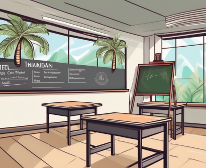 A classroom setting with a blackboard
