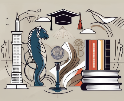 A globe with various iconic educational symbols from around the world