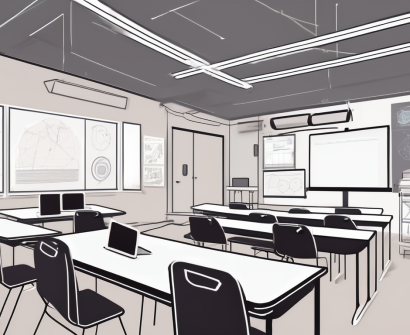 A modern classroom in singapore showcasing four different types of technology such as a smartboard