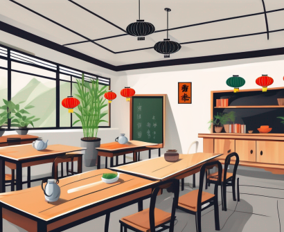 A classroom filled with chinese cultural elements such as lanterns