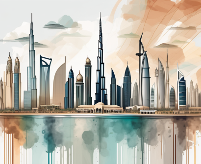 The dubai skyline with iconic landmarks subtly transformed into art tools like paintbrushes