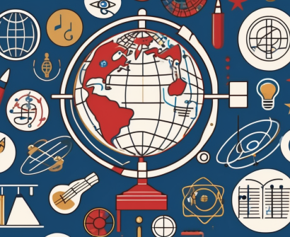 A globe surrounded by various symbols of education such as a microscope