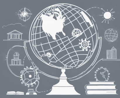 A globe with various symbols representing different professional skills (like a book for knowledge