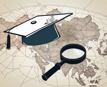 A graduation cap resting on a map of hong kong with a magnifying glass highlighting various educational symbols