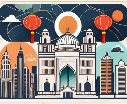A diverse set of cultural symbols (like a chinese lantern