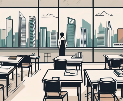 A classroom setting with various international symbols