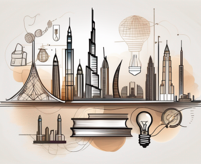 Dubai's iconic skyline with various educational symbols like books