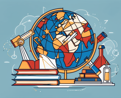 A globe with various educational icons like books