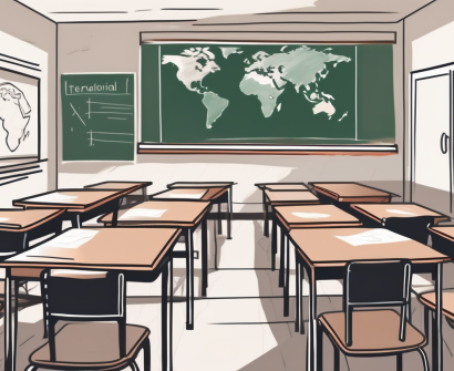 A singaporean classroom with empty desks and chairs