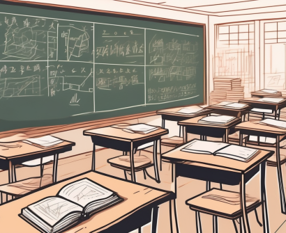 A classroom with empty desks and chairs