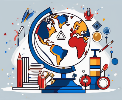 A globe surrounded by various educational symbols like books