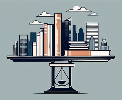 A balanced scale with books on one side and a city skyline on the other
