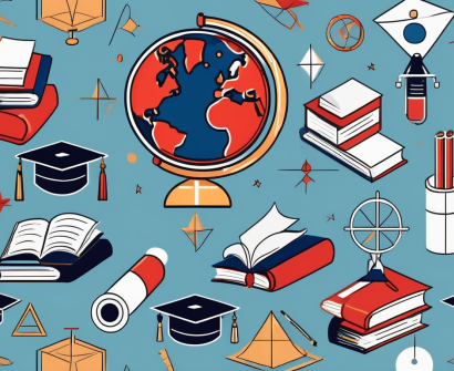 A globe with different educational symbols like a graduation cap