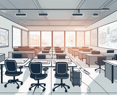 A classroom scene in china with a few empty desks