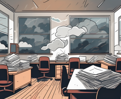 A classroom desk cluttered with papers and a broken apple