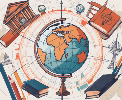 A globe with various educational tools like books