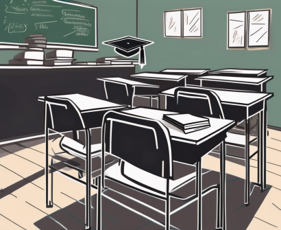 A classroom setting in dubai with empty chairs and desks