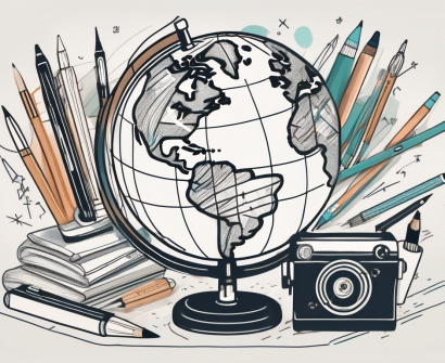A globe with different types of writing tools such as pens