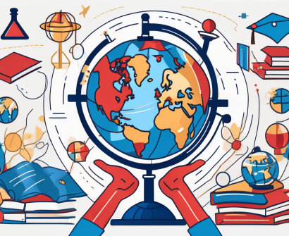 A globe with various iconic educational symbols like graduation cap
