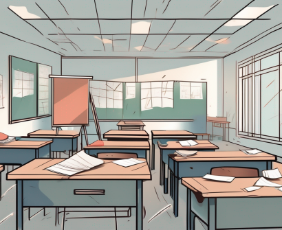 A classroom setting in china with scattered papers