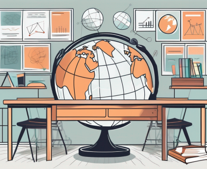 A singaporean classroom setting with various educational tools and symbols like a globe
