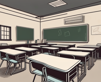 A classroom setting in taiwan with empty desks and chairs