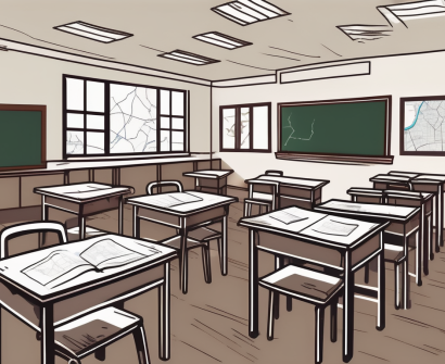 A classroom with empty desks and chairs