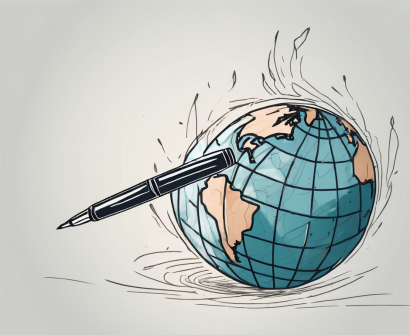 A powerful pen symbolically breaking through a globe