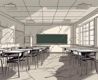 A classroom with empty desks representing the education system