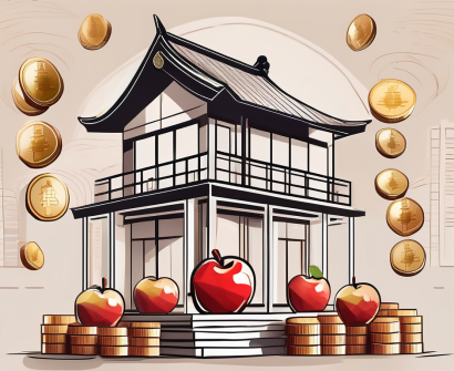 A traditional chinese schoolhouse with a scale balancing apples and coins