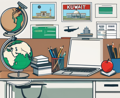 A teacher's desk with a globe showcasing kuwait