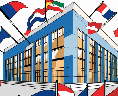 A grant-maintained school building with various international flags fluttering around it