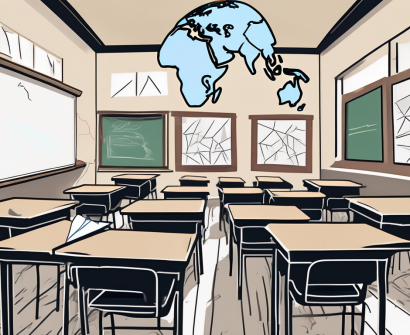 A classroom with broken desks and chairs