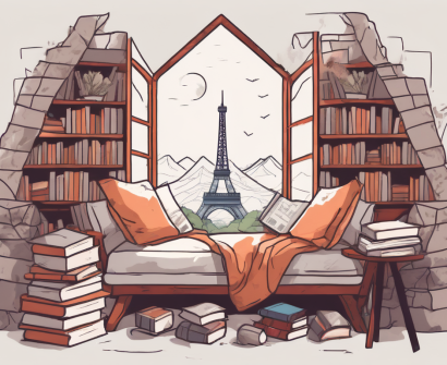 A cozy reading nook with various international elements like the eiffel tower