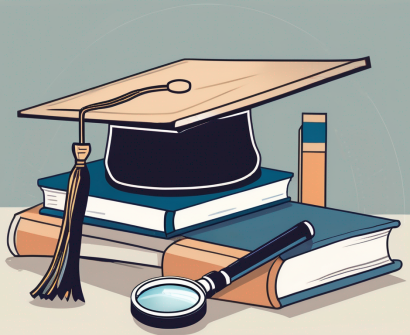 A stack of books on a desk with a graduation cap on top and a magnifying glass next to it