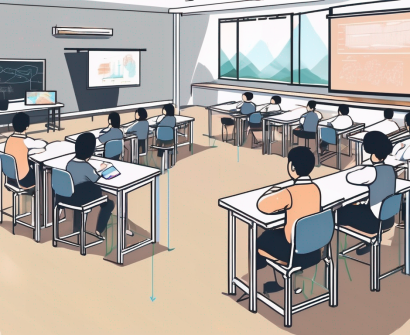 A classroom setting in china with an iqts (interactive quality teaching system) in the foreground