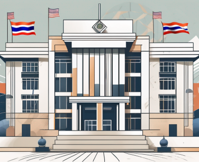 A school building with thai architectural elements surrounded by international flags and educational symbols like books and a globe