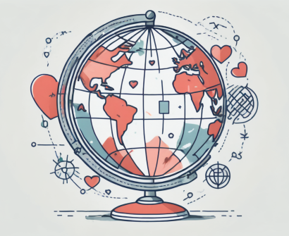 A globe with various symbolic icons like a heart