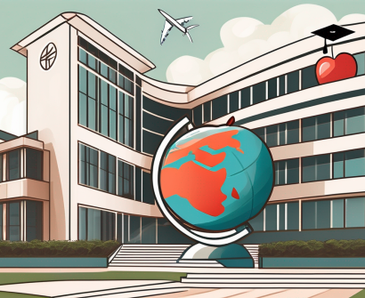 An international school building in macao with a symbolic airplane and a few teaching icons like an apple