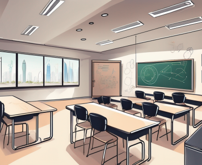 A classroom setting in dubai with an iqts (interactive quality teaching strategies) board and various teaching tools scattered around