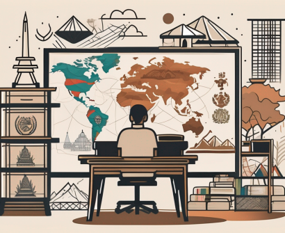 A classroom setting with various cultural symbols from around the world scattered throughout