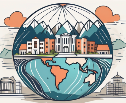 A globe with various international school buildings