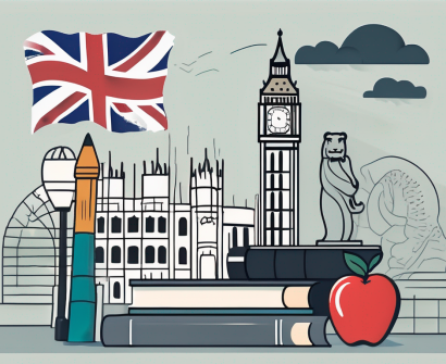 A classroom setting with iconic symbols from singapore and the uk